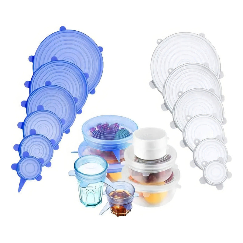 Tapas Elasticas Silicona Reutilizables Ajustable 6 Pz Comida Color Azul Liso