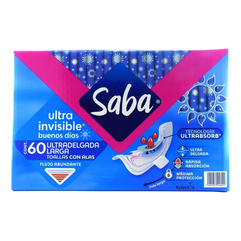 Toallas Femeninas Saba Ultra Invisible Delgada Con Alas 60pz