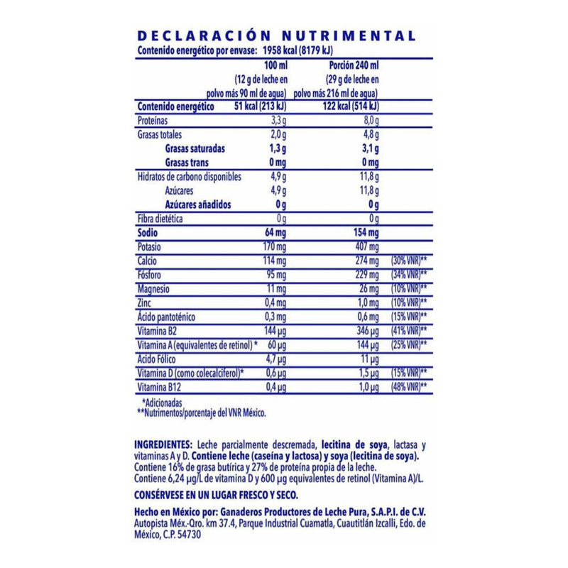 Leche En Polvo Alpura Deslactosada 460g Para 3.8ltr
