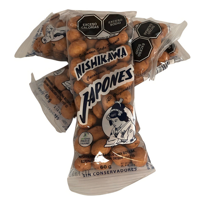 Cacahuates Nishikawa Japonés. Paquete 10 Bolsas De 60g Con 10 Sobres De Salsa Vale