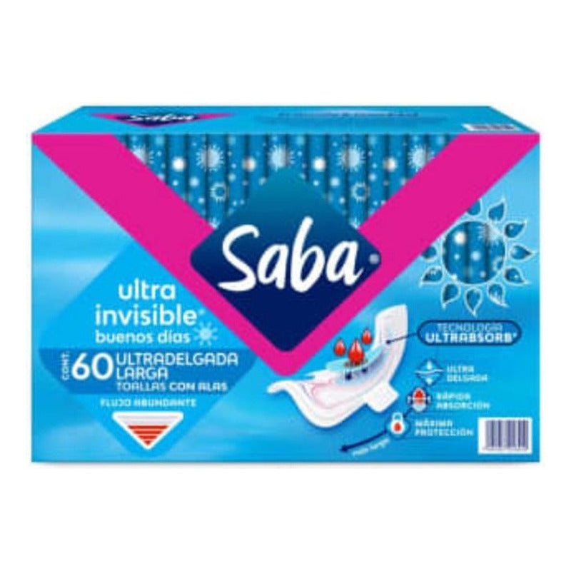 Toallas Femeninas Saba Ultra Invisible Delgada Con Alas 60pz