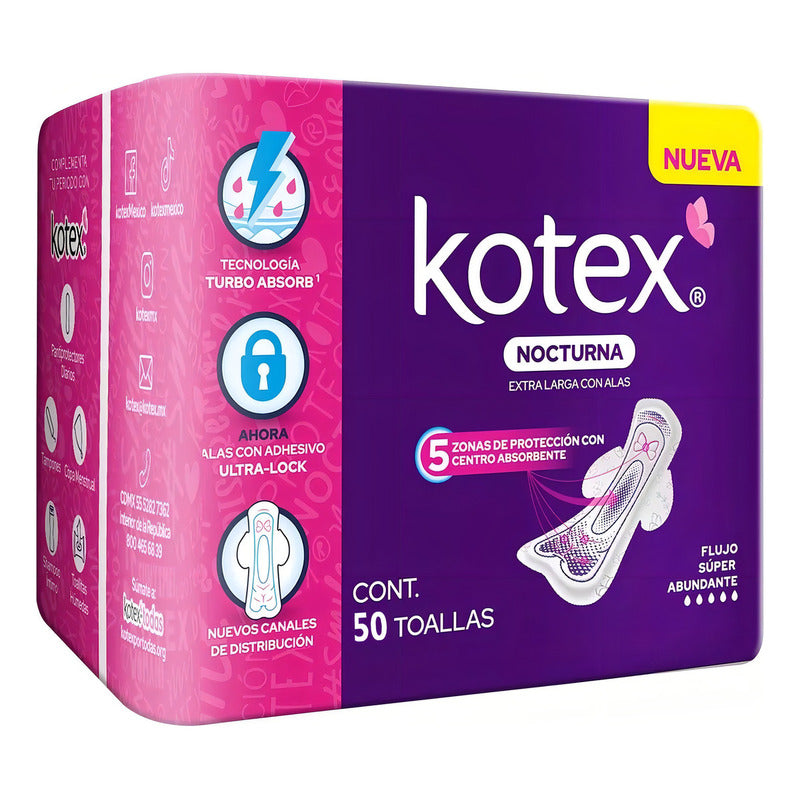 Toalla Femenina Kotex Nocturna Extra Larga Con Alas 50 Pzas Nuevos Canales De Distribuicion