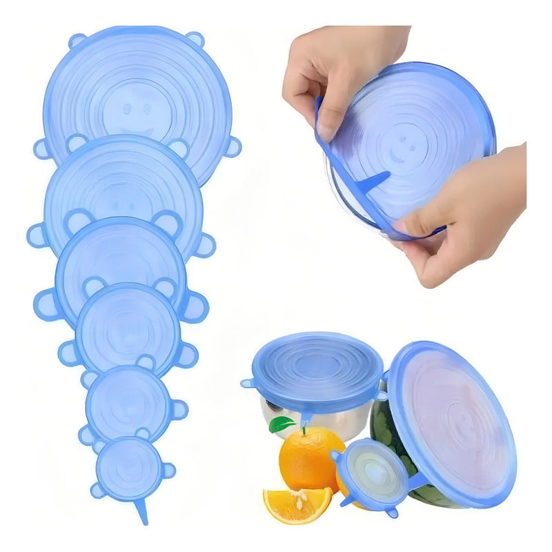Tapas Elasticas Silicona Reutilizables Ajustable 6 Pz Comida Color Azul Liso