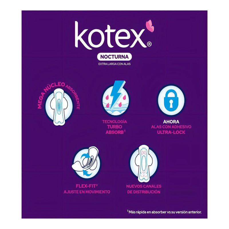Toalla Femenina Kotex Nocturna Extra Larga Con Alas 50 Pz