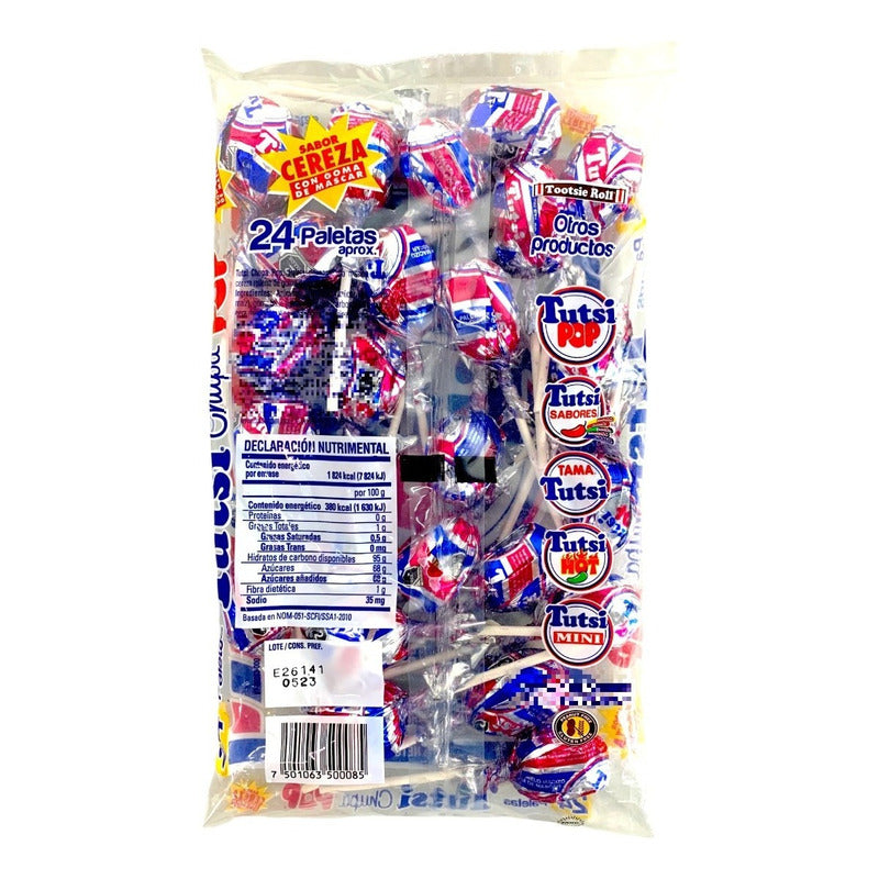 Tutsi Pop Paleta Sabor Cereza Bolsa Con 24 Pz