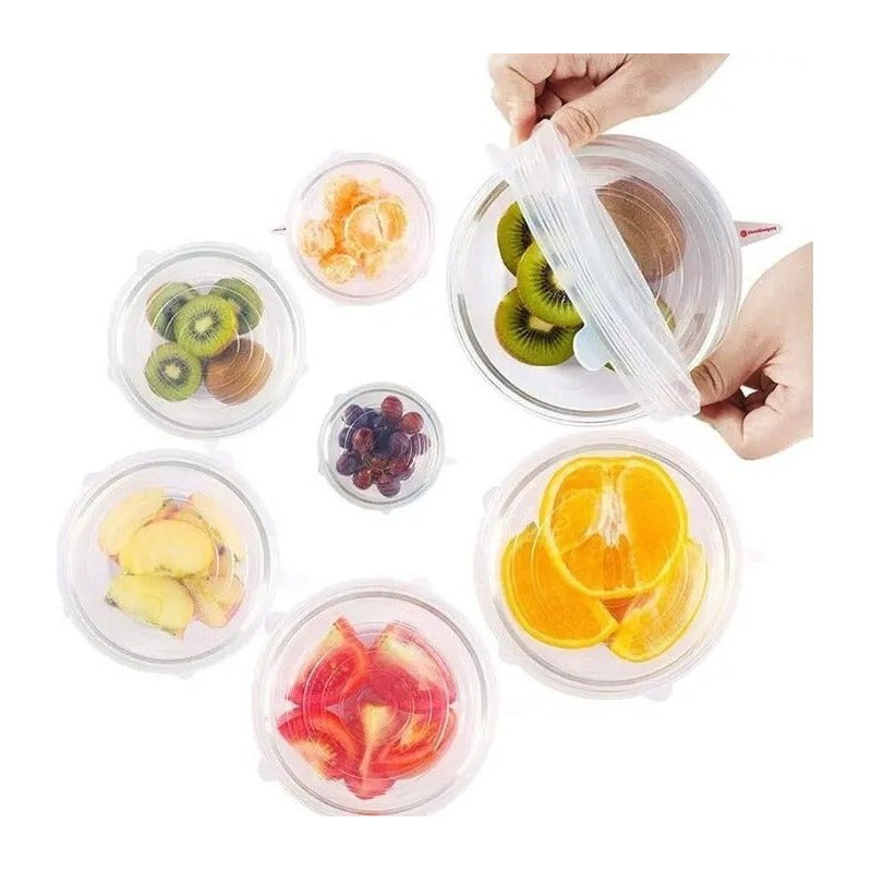 Tapas Elasticas Silicona Reutilizables Ajustable 6 Pz Comida Color Azul Liso