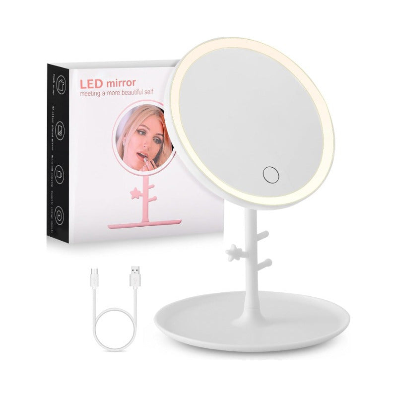 Espejo De Maquillaje Led Redondo Personal De Escritorio. Marco Blanco