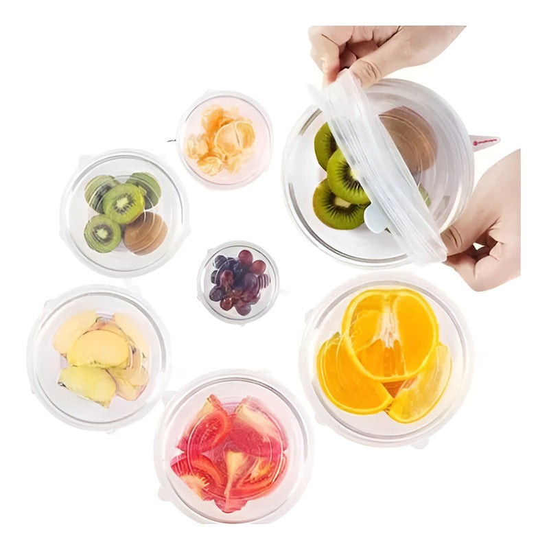 Tapas Elasticas Silicona Reutilizables Ajustable 6 Pz Comida Color Rosa Chicle Liso