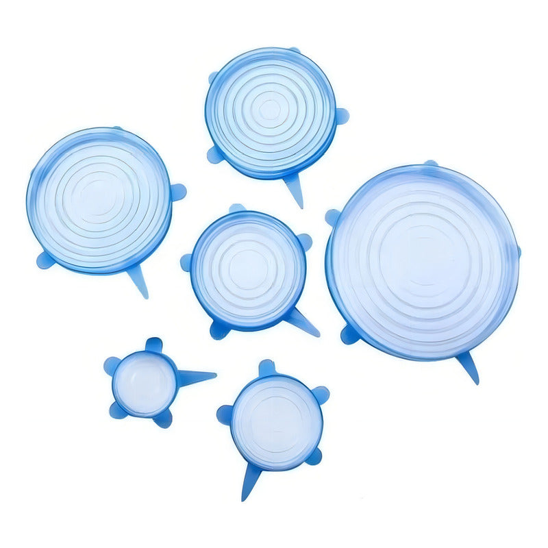 Tapas Elasticas Silicona Reutilizables Ajustable 6 Pz Comida Color Azul Liso