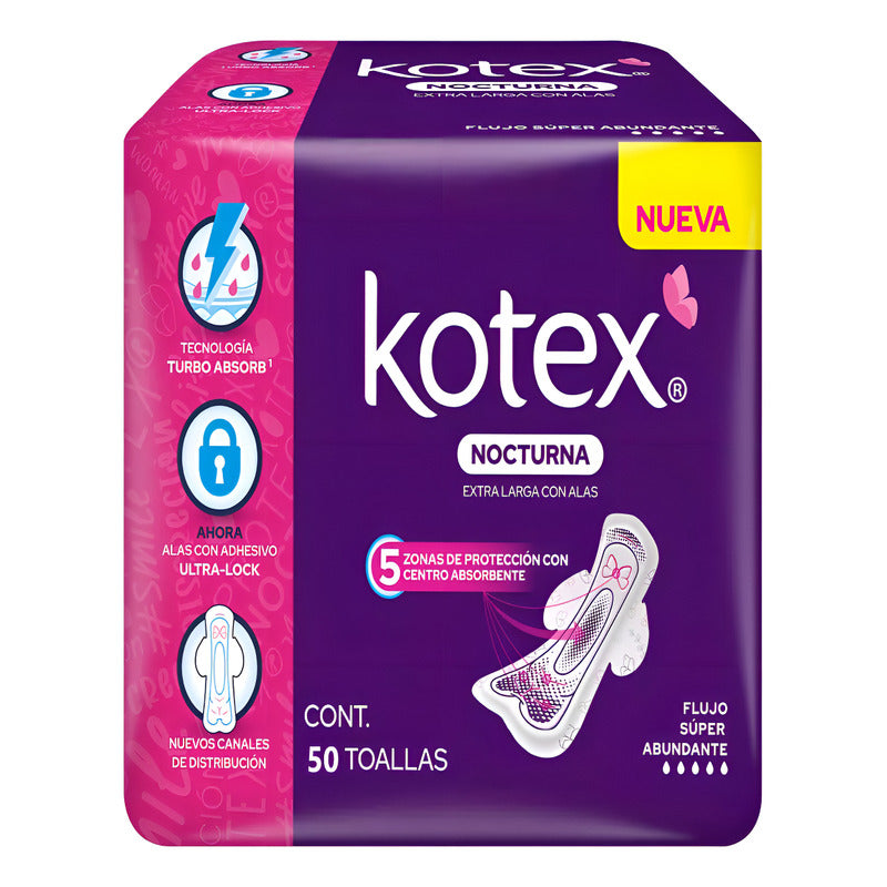 Toalla Femenina Kotex Nocturna Extra Larga Con Alas 50 Pz