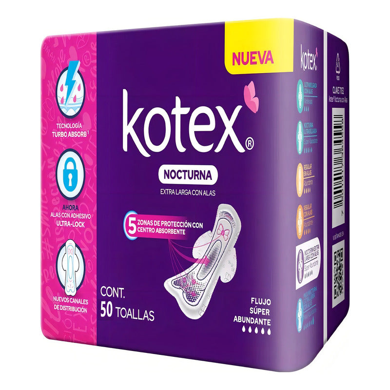 Toalla Femenina Kotex Nocturna Extra Larga Con Alas 50 Pz